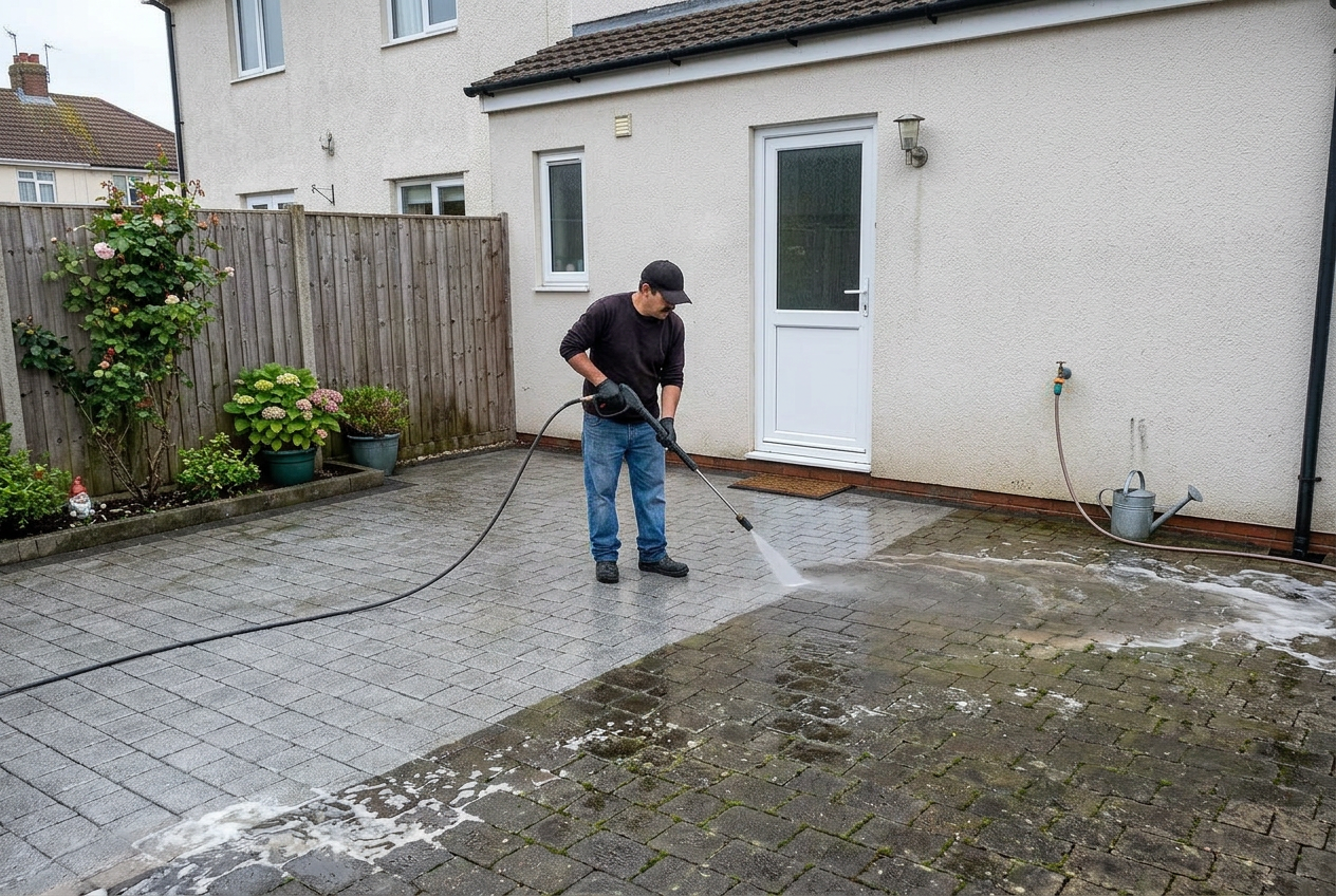 Driveway and patio pressure cleaning at a residential property